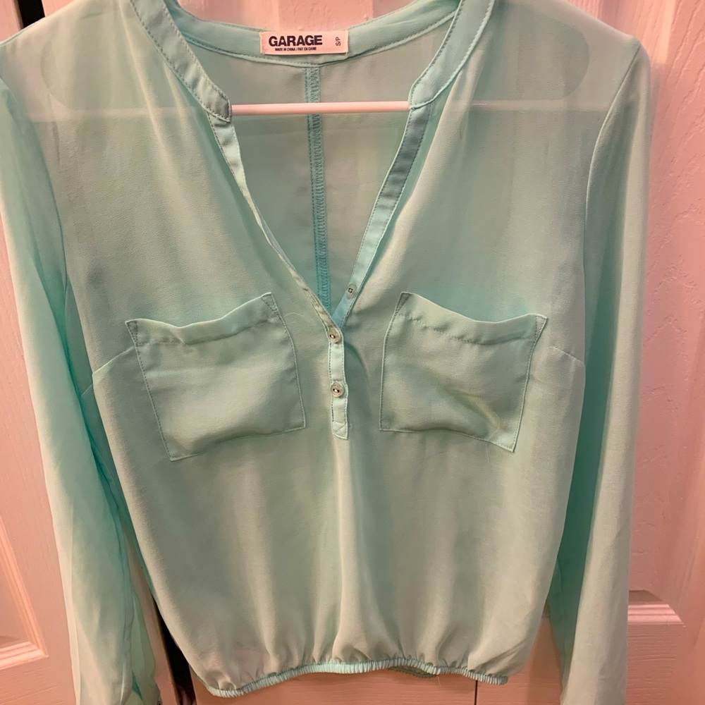 Garage Size Small Sea Foam Green Sheer Chiffon Blouse